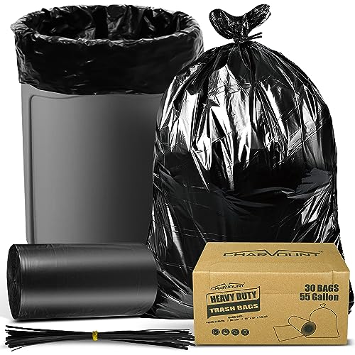 Charmount 55 Gallon Trash Bags,1.5 Mil-37'x 56' W/Ties Black Large Heavy Duty Garbage Bags for Outdoor, Yard Work, Lawn & Leaf Bags 30 Count