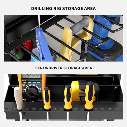 Power Tool Organizer Garage Storage Organization Shelving Tool Holder 3 Tier Drill Rack Rolling Cart Open Tools Chest Cabinet Box Organizer with Wheels Workshop Garage Ideas for Men Dad Husband