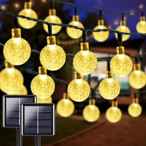 2-Pack 64FT 100 LED Crystal Globe Solar String Lights Outdoor, Waterproof Solar Lights for Outside, 8 Lighting Modes Solar Powered Patio Lights for Garden Yard Porch Wedding Party Decor (Warm White)