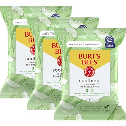 Burt's Bees Stocking Stuffers, Aloe Vera Face Wipes, for Sensitive Skin, Soothing Makeup Remover & Facial Cleansing Towelettes Christmas Gifts, 30 Ct. (3-Pack)