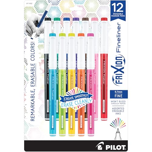 Pilot, FriXion Fineliner Erasable Marker Pens, Fine Point 0.7 mm, Pack of 12, Assorted Colors