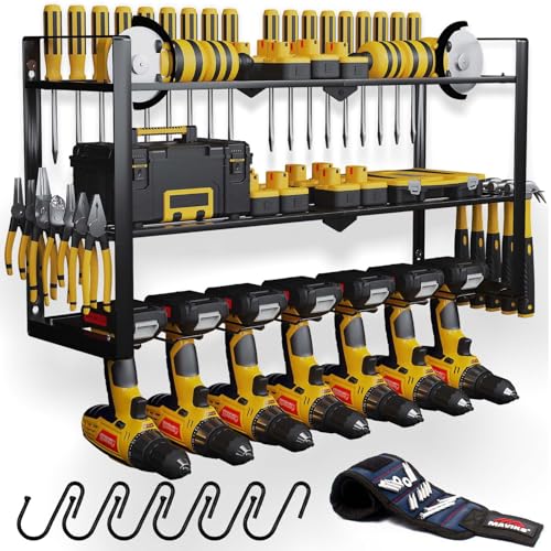 Power Tool Organizer Wall Mount, Drill Holder Wall Mount, Heavy Duty Metal Cordless Tool Organizer for Cordless Drill, Power Tool Holder Rack Suitable for Workshop, Garage (3 Tier 7 Drill Holder)