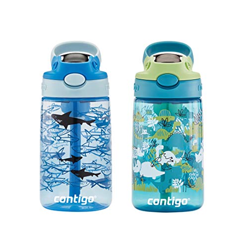 Contigo Aubrey Kids Dinos & Sharks, Cleanable Water Bottle with Silicone Straw, Spill-Proof Lid, Dishwasher Safe, 14oz, 2-Pack