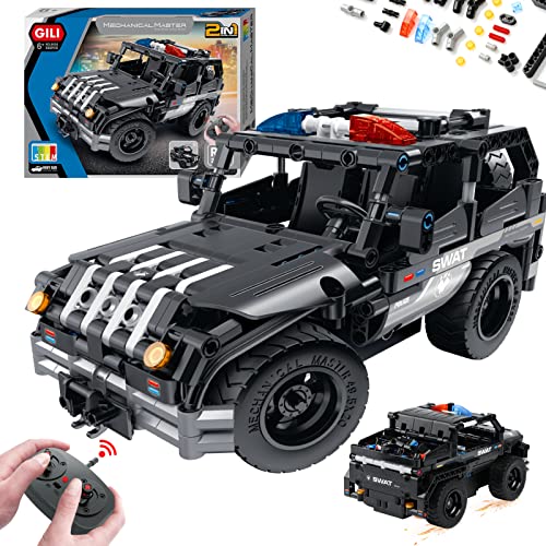 GILI 2 in 1 Remote Control Building Car Kit(355pcs), Black Police Car Stem Model Projects Toy for Kids Ages 8-12, Best Christmas Birthday Gifts for 6, 7, 9, 10, 11 Year Old Boys Girls