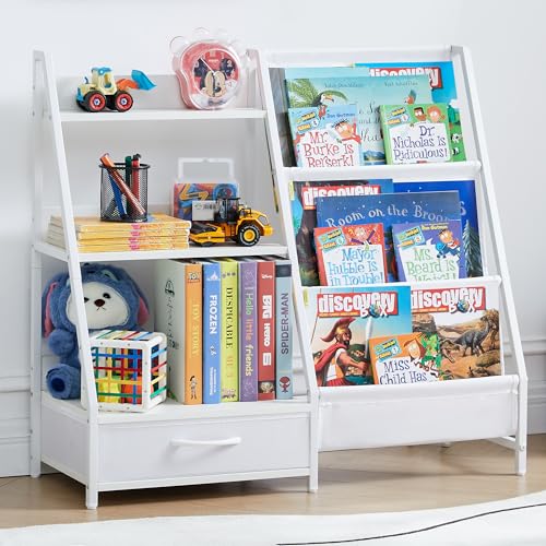 Kids Bookshelf and Toy Organizer, 3 Tier Bookshelf for Kids, Montessori Bookcase Book Shelf for Kids Rooms, Bedroom, Playroom, Nursery, Toy Storage Organizer with Bookshelf (White)