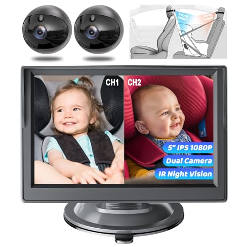 Baby Car Camera Dual Channel, 5'' HD 1080P Monitor & 2 Camera, Split Screen Display, Night Vision & 150° Wide View Baby Car Mirror Camera for Rear Facing Seat Backseat, Plug and Play, 360° Rotation