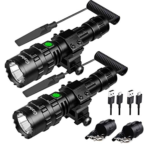 Garberiel 2 Pack LED Flashlight with Picatinny Rail Mount and Tactile Pressure Switch for Outdoor Hunting Fishing,High Lumen Torch Flashlights USB Rechargeable,Waterproof 5 Modes Light