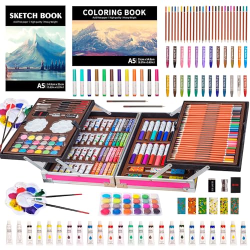 KINSPORY Art Supplies, 139 Pack Painting Drawing Art Kit with 2 Sketch Pads, Deluxe Double Layers Art Set Crafts, Colored Pencils, Oil Pastels, Watercolor Paints, Aluminum Gift for Artists Kids (Pink)