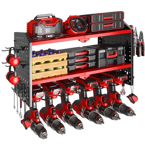 KAFAHOM Power Tool Organizer,Large 6 Drill Holder Wall Mount,Heavy Duty Metal Tool Shelf with 2 Side Pegboards,Cordless Drill Holder and Battery Shelves,Storage Rack for Garage Organization - Red