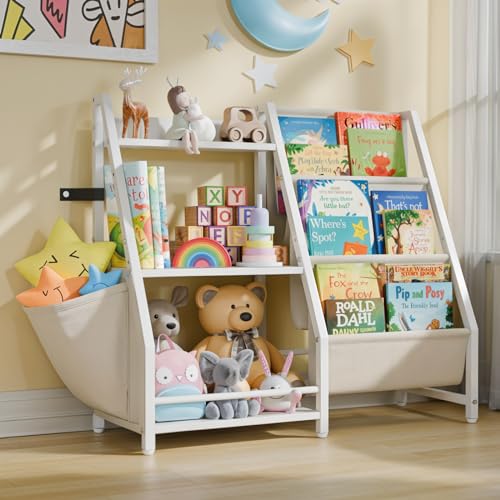 LATIBELL 3 Tier Kids Bookshelf and Toy Storage, Kids Book Sling Shelf, Montessori Baby Toddler Bookshelf for Kids, Kids Bookcase, Toy Storage Organizer, for Playroom, Bedroom, Nursery (White)