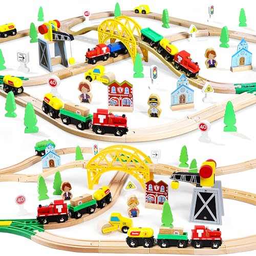 TOY Life Train Set 60pcs Wooden Train Set with Crane, Wooden Train Tracks Toy Train Set for Toddlers 3 4 5, Wooden Toys Train Set for Kids Girls Boys 4-8 - Fits Thomas Brio Melisa Train Track Set