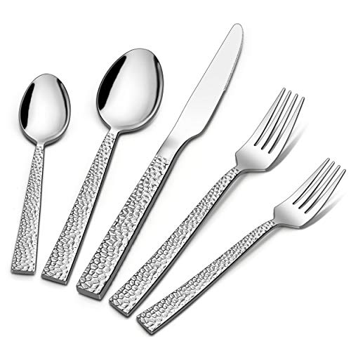 LIANYU 50-Piece Silverware Set for 10, Stainless Steel Flatware Set, Hammered Square Cutlery Eating Utensils Set for Home Party Wedding, Dishwasher Safe, Mirror Finished