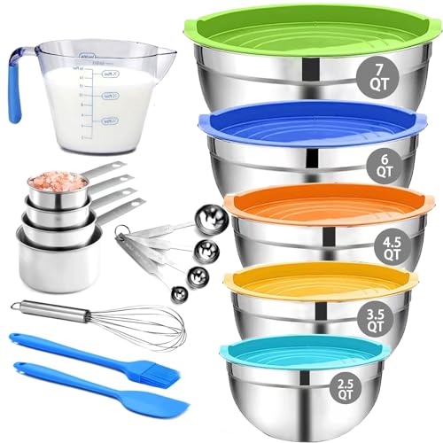 MIKULA Mixing Bowls, Mixing Bowl Set with Lids, 22PCS Large Stainless Steel Mixing Bowls & 400ML Measuring Cups Spoons Storage Nesting Metal Baking Bowl 7/6/4.5/3.5/2.5QT for Kitchen Supplies