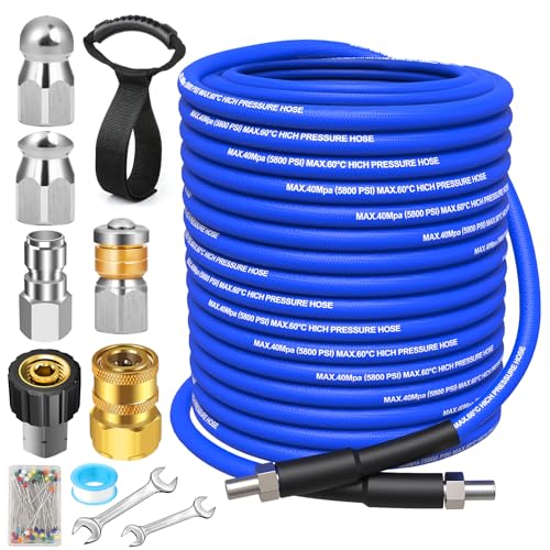 100FT Sewer Jetter Kit for Pressure Washer, 5800 PSI Water Jet Drain Cleaner Hose with Corner Rotating Button Nose Sewer Jetting Nozzle 1/4'' NPT, Sewer Jetter Nozzles Kit with Spanner Strap(Blue)