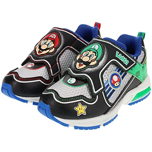 Super Mario Nintendo Boys Mario Luigi Mismatch Light-up Sneakers, Black Grey, 2 Big Kid