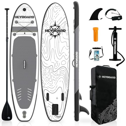 HEYBOARD Inflatable Stand Up Paddle Board 10'6'x32'x6' Standup Paddleboard with SUP Accessories & Backpack Non-Slip Deck Leash Paddle Hand Pump Camera Mount for Youth & Adult, Grey Patterned