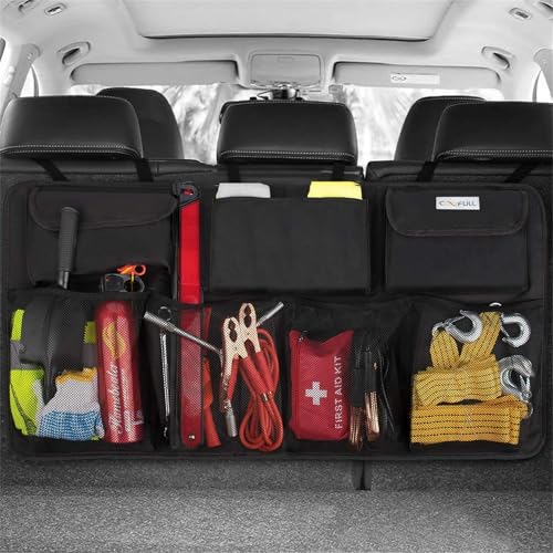 COOFULL Car Trunk Organizer, Large Capacity Car Organizers and Storage, Equipped with 7 Durable Bags, Hanging Trunk Organizer with Non-slip Hook & Loops, Sapce-saving Car Accessories Interior, Black