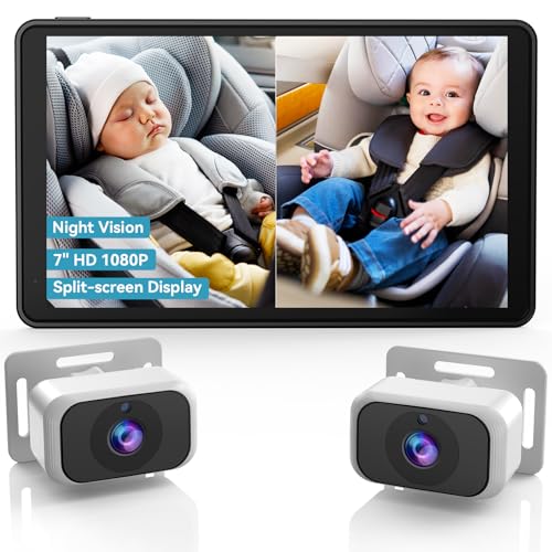 pemacom Baby Car Camera for 2-Kids: 7 Inch IPS Display with Dual Carseat Camera, Split Screen, Night Vision, HD 1080P - Easy Install Rear Facing Backseat Camera for Twins