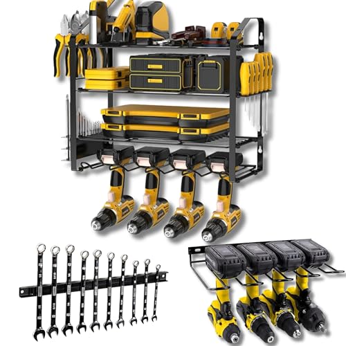 Pack of 3 Tool Organizer Set - 4 Tier Power Tool Organizer Rack PLUS a Garden Tool Wall-Mounted ORganizer Rack PLUS a Heavy Duty Magnet Organizing Tool Bar