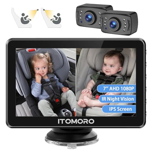 Itomoro Baby Car Camera, Dual Camera 7'' HD 1080P Car Camera for Baby Display with 2 IR Night Vision Camera, Car Baby Camera with 150° Wide View & 360° Rotatable, Easily Install 5 Min Baby Car Mirror