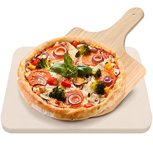 KORCCI Large Pizza Stone for Oven and Grill 15 x 12', Free Wooden Pizza Peel paddle, Durable and Safe Baking Stone for grill, Thermal Shock Resistant cooking stone