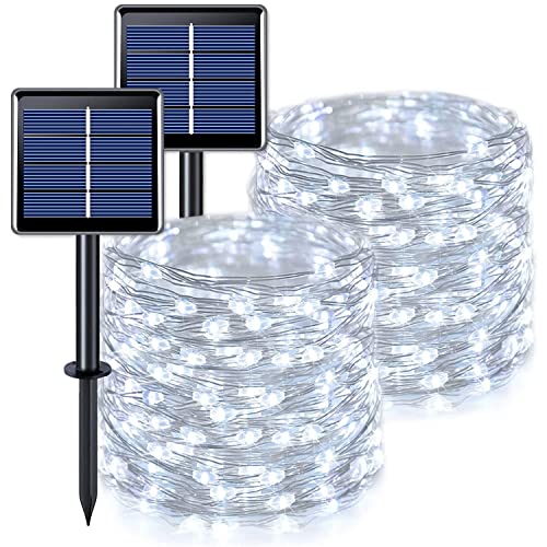 JMEXSUSS Total 400 LED White Solar Christmas Lights Outdoor Waterproof, 2 Pack 66ft Solar String Lights, 8 Modes Solar Fairy Lights for Yard Patio Tree Christmas Decor