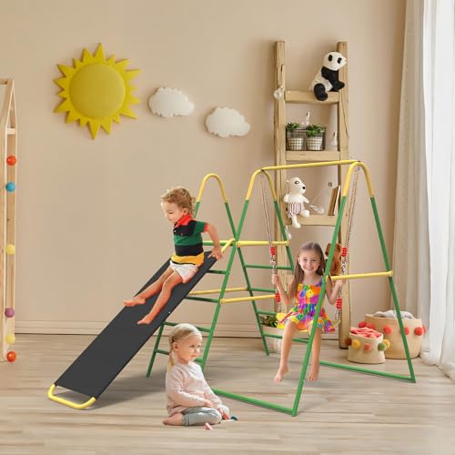 Indoor Playground, 3 in 1 Swing Sets for Backyard, Indoor Jungle Gym for Kids, Indoor Playground with Jungle Gym and Swing Set, Climbing Laddler and Toddler Slide, Toddler Swing Set Outdoor