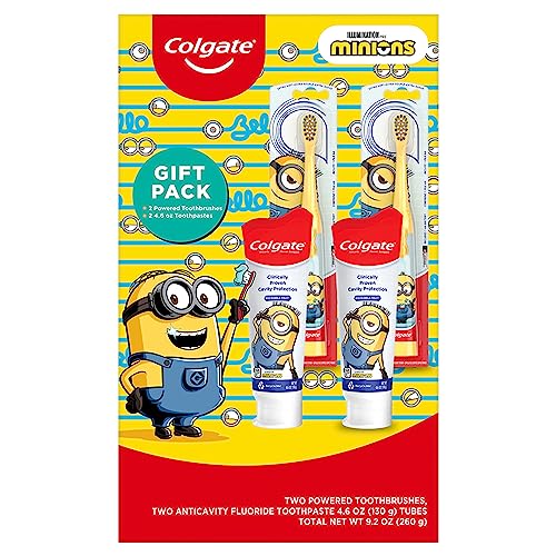 Colgate Kids Toothbrush Set with Toothpaste, Minions Toothbrush Gift Set, 2 Battery Toothbrushes and 2 Toothpastes