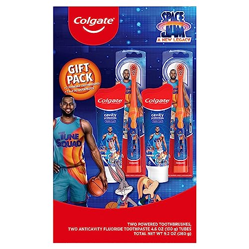 Colgate Kids Toothbrush with Toothpaste, Space Jam Gift Set, 2 Battery Toothbrushes and Toothpastes