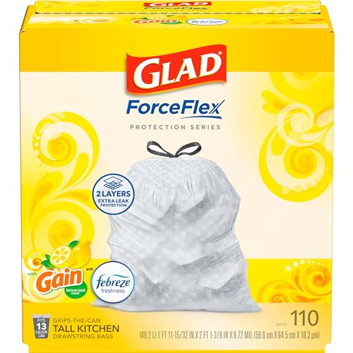 Glad Trash Bags, ForceFlex Tall Kitchen Drawstring Garbage Bags, 13 Gal, Gain Lemon Zest, 110 Ct, Pack May Vary