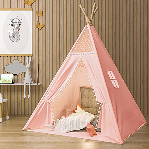 Gamenote Teepee Tent for Kids Indoor Tents with Mat, Inner Pocket, Unique Reinforcement Part - Foldable Play Tent Canvas Tipi Childrens Tents for Girls & Boys (Pink)