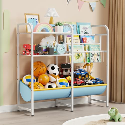 Kids Bookshelf and Toy Storage - 3 Tier Montessori Bookshelf with Fabric Toy Box, Nursery Book Shelves for Children, Baby Toddler Toy Organizer Book Shelf for Kids Rooms, Living Room, Bedroom