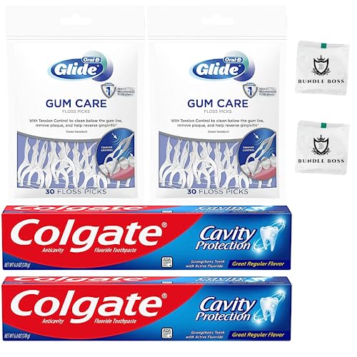 Cavity Protection Regular Fluoride Toothpaste - Whitening Toothpaste for a Healthy Smile - 6 oz. (Pack of 2) + Glide' Pro-Health Advanced Floss Picks 30 Count (Pack of 2) with Bundle Boss Mints