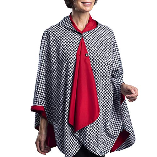 RainCaper Rain Poncho for Women - Reversible Rainproof Hooded Cape in Gorgeous Ultrasoft Colors (Crimson and B&W Houndstooth)