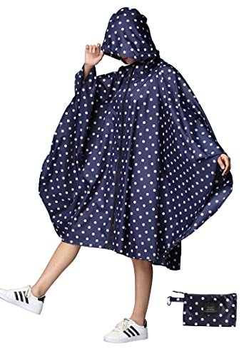 Womens Rain Poncho Stylish Polyester Waterproof Raincoat Free Size with Hood Zipper (A Deep Blue Polka Dots)