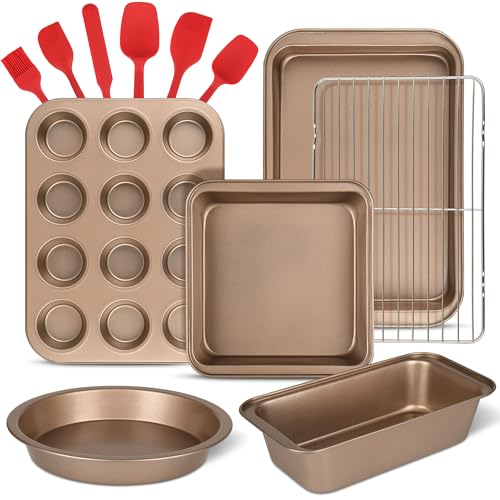 SRIVIJA 12 Piece Carbon Steel Nonstick Stackable Baking Pans Set With Silicone Spatula Set And Cooling Rack For Nutrichef，Saving Space Bakeware Set For Kitchen，Cooking Sheet Set For Oven (13x10in)