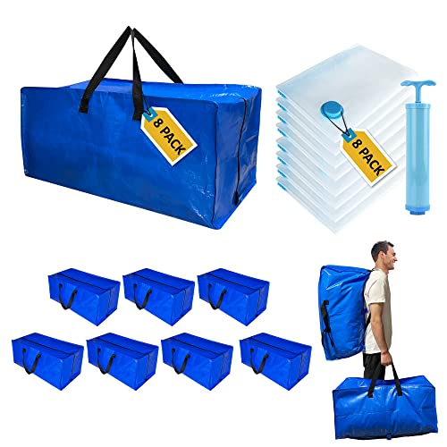 16 Pack Heavy Duty Extra Large Moving Bags with Backpack Straps & Large Vacuum Storage Bags Moving Supply Combo, Moving Totes with Handles & Zippers for Space Saving, Fold Flat, Includes Vacuum Bags