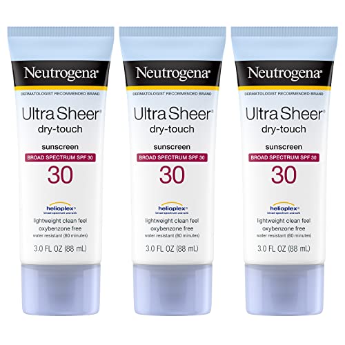 Neutrogena Ultra Sheer Dry-Touch Sunscreen Lotion, Broad Spectrum SPF 30 UVA/UVB Protection, Oxybenzone-Free, Water Resistant, Non-Comedogenic, Non-Greasy, Travel Size, 3 Fl Oz, Pack of 3