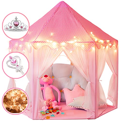 Princess Tents for Girls Large Playhouse Kids Castle Play Tents Indoor & Outdoor Games with Star Lights Toys, Bonus Princess Tiara and Wand, 55' x 53', 2+ Years Old Girl Gifts