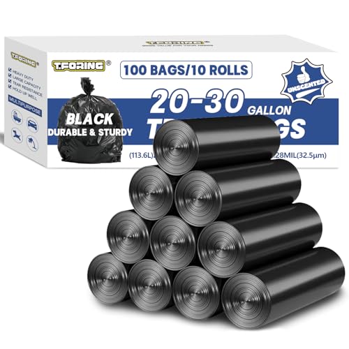 T.FORING 20-30 Gallon Trash Bags Black 100 Count - 1.28 Mil Thick, 30' x 35' Large Garbage Bags 20+ Gallon Trash Can Liners Unscented for Kitchen Home yard Outdoor