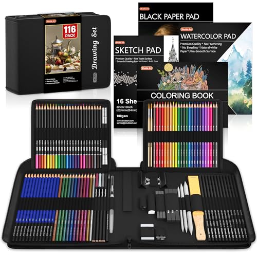 Shuttle Art 116 PCS Drawing Kit, Professional Drawing Supplies with Sketch, Charcoal, Colored, Graphite, Pastel Pencils & Sticks, Complete Drawing Tools and Paper Pads in Zipper Case for Artists&Kids