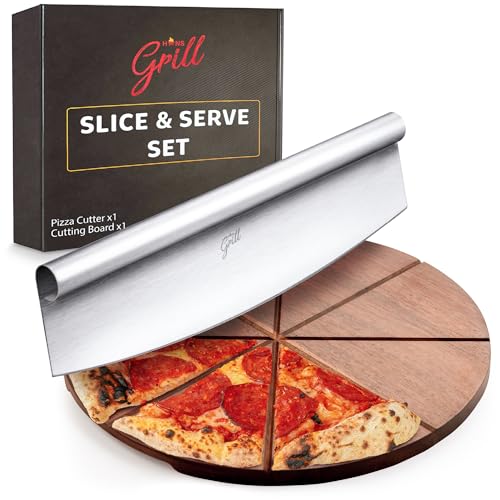 Hans Grill Pizza Cutting Board and Pizza Cutter Rocker Blade Gift Set Professional Stainless Steel Food Slicer with 13.5' Acacia Wooden Board Perfect for Slicing and Serving Pizza, Pies and Cheese