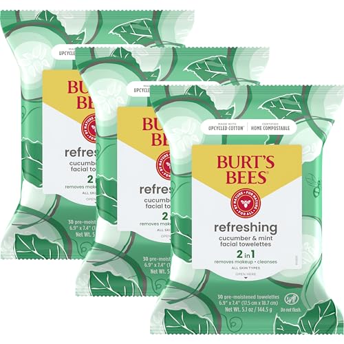 Burt's Bees Stocking Stuffers, Cucumber & Mint Face Wipes, for All Skin Types, Refreshing Makeup Remover & Facial Cleansing Towelettes, Skin Care Christmas Gifts, 30 Ct. (3-Pack)