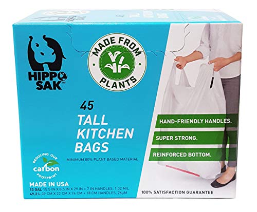 Hippo Sak - Plant Based Tall Kitchen Garbage Bags with Ergonomic Handles - 13 Gallon Trash Bags - Recyclable & Eco Friendly - Super Strong and Leak Proof Tall Kitchen Trash Bags (45 Count)