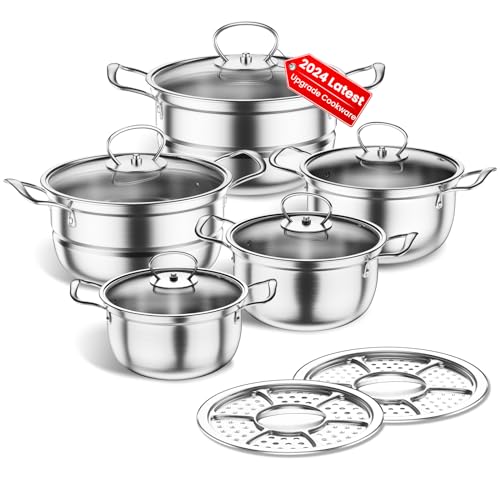 Stainless Steel Cookware Set, 12 Piece Kitchen Induction Cookware Set, Works with Induction/Electric and Gas Cooktops, Kitchen Cooking Set with Glass Lid (Silver grey)