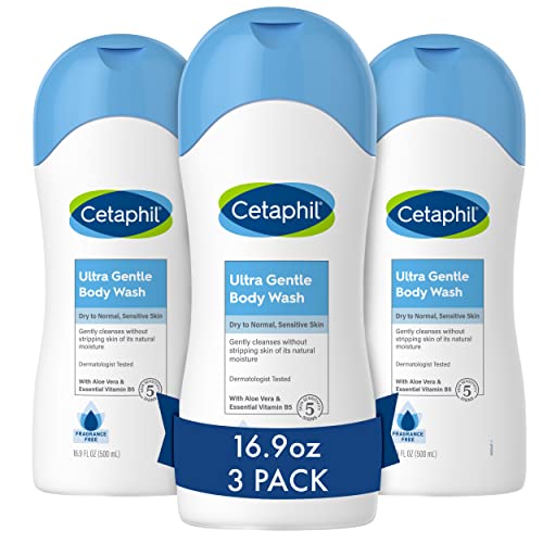 Cetaphil Ultra Gentle Refreshing Body Wash, For Dry to Normal, Sensitive Skin, 16.9oz Pack of 3, Aloe Vera, Calendula, Vitamin B5, Hypoallergenic, Paraben Free, Fragrance Free, Dermatologist Tested