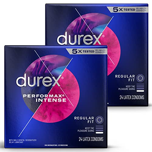 Durex Performax Intense Natural Rubber Latex Ultra Fine Ribbed Condoms, Regular Fit, 48 Count (2 Pack), Contains Desensitizing Lube for Men, FSA & HSA Eligible (Packaging May Vary)