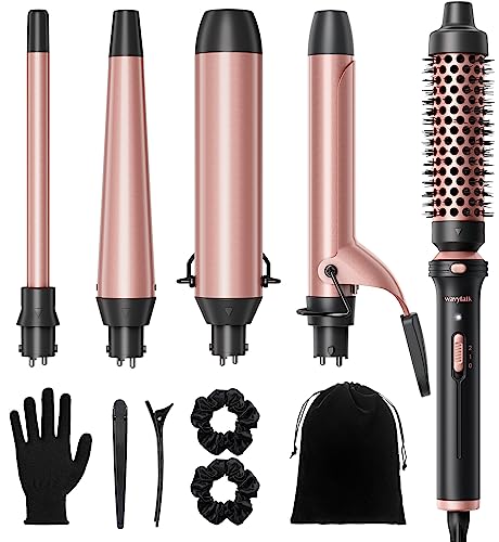 Wavytalk 5 in 1 Curling Iron,Curling Wand Set with Thermal Brush and 4 Interchangeable Ceramic Curling Wand(0.5”-1.5'),Instant Heat Up Wand Curler, Dual Voltage Curling Iron