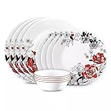 CORELLE Chelsea Rose 12-Piece Dinnerware Set, Service for 4, Red, Black, Gray, 1149526