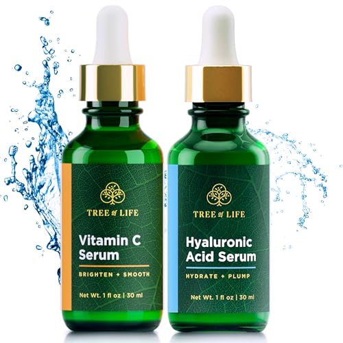 Tree of Life Beauty Facial Skin Care Set, Brightening, Firming, Hydrating, Dry Face, Dermatologist Tested - Vitamin C and Hyaluronic Acid Facial Serum - Skin Care Kit, 2 count of 1 Fl Oz